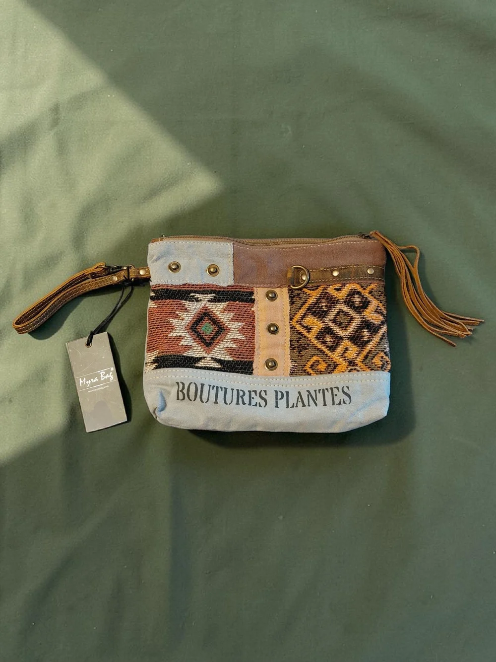 Myra Bag Boutures Plantes Wristlet Clutch NWT Kilim Canvas Leather Fringe Boho